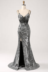 Schwarzes glitzerndes Meerjungfrauen Spaghettiträger Korsett Ballkleid mit Schlitz